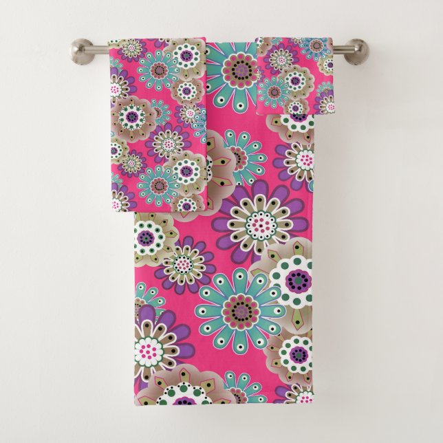 Farbenfrohes rustikales Blumenmuster Retro  Badhandtuch Set (Insitu)