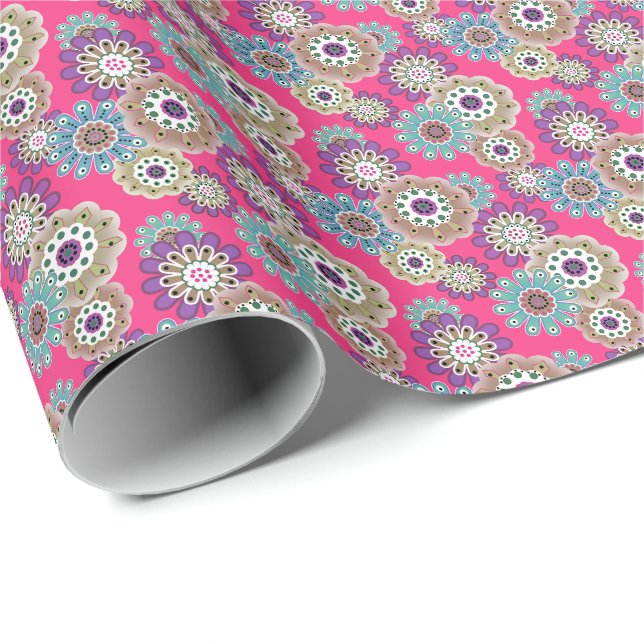 Farbenfrohes rustikales Blumenmuster retro  Geschenkpapier (Rolleneckpunkt)