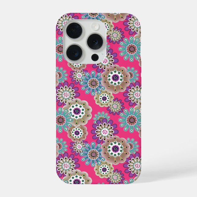 Farbenfrohes rustikales Blumenmuster retro  iPhone 15 Pro Hülle (Rückseite)