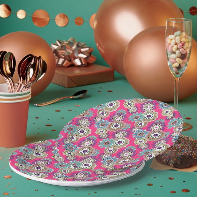 Farbenfrohes rustikales Blumenmuster Retro  Pappteller (Multi)