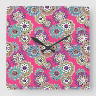 Farbenfrohes rustikales Blumenmuster retro Quadratische Wanduhr