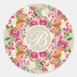 Farbenfrohes Rustikales Kraft-Blumenmonogramm als  Runder Aufkleber