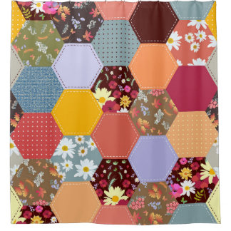 Farbenfrohes Sechseck-Blumen- Quilt-Design Duschvorhang