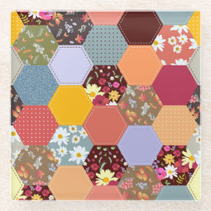 Farbenfrohes Sechseck-Blumen- Quiltmuster Glasuntersetzer