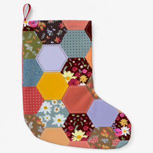 Farbenfrohes Sechseck-Blumen- Quiltmuster Kleiner Weihnachtsstrumpf