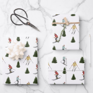 Farbenfrohes Skifahrer-Fest-Wasserfarben-Wintermus Geschenkpapier Set