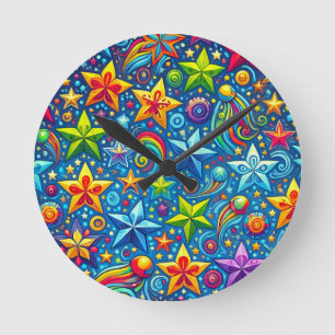 Farbenfrohes Sterne-Muster Runde Wanduhr