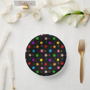 Farbenfrohes Sterne-Musterdesign Schwarz Pappteller
