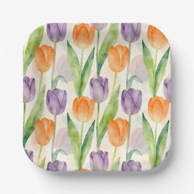 Farbenfrohes Tulpenmuster Pappteller (Vorderseite)