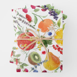 Farbenfrohes Wasserfarben-Frucht-und-Kräuter-Muste Geschenkpapier Set