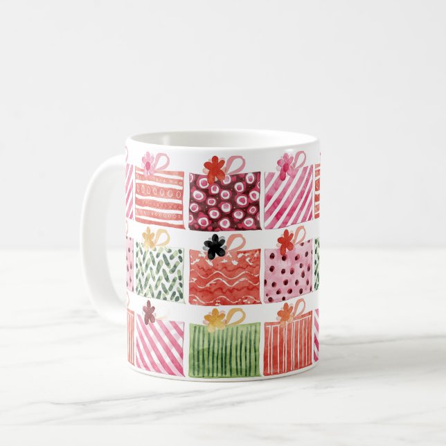 Farbenfrohes Weihnachtsgeschenkmuster Kaffeetasse (Vorderseite Links)