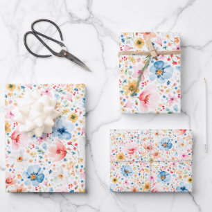 Farbenfrohes Wiesen-Wildblumen-Muster Boho Elegant Geschenkpapier Set