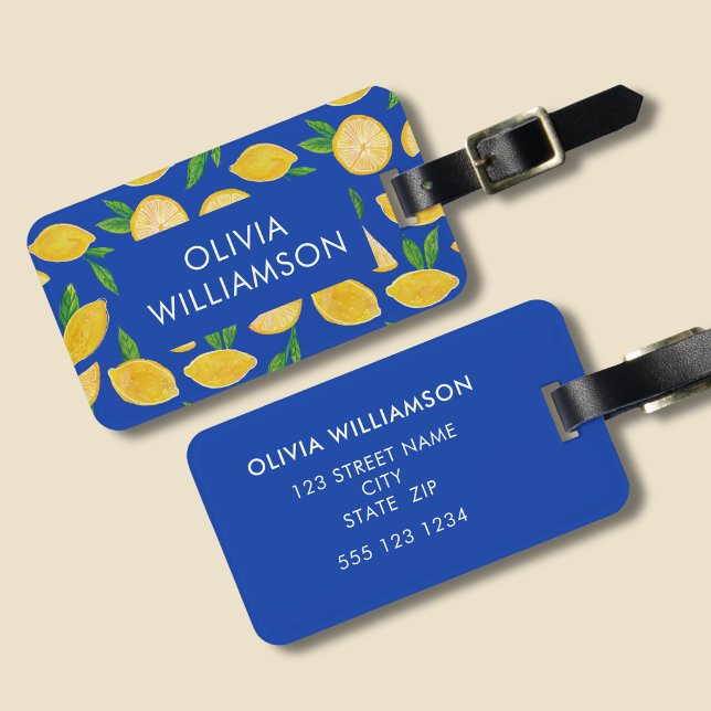 Farbenfrohes Zitronenmuster Gepäckanhänger (Lemon pattern personalised luggage tag with blue background.)