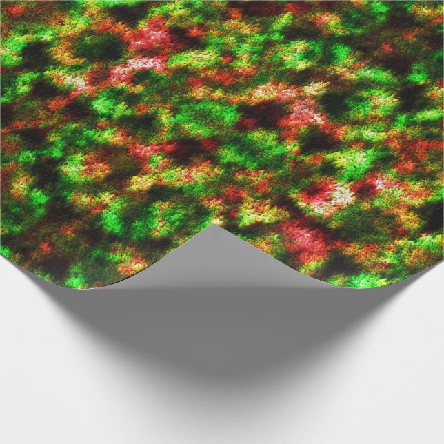 Farbengrün, gelb bis rot mit Federn. Geschenkpapier (Ecke)