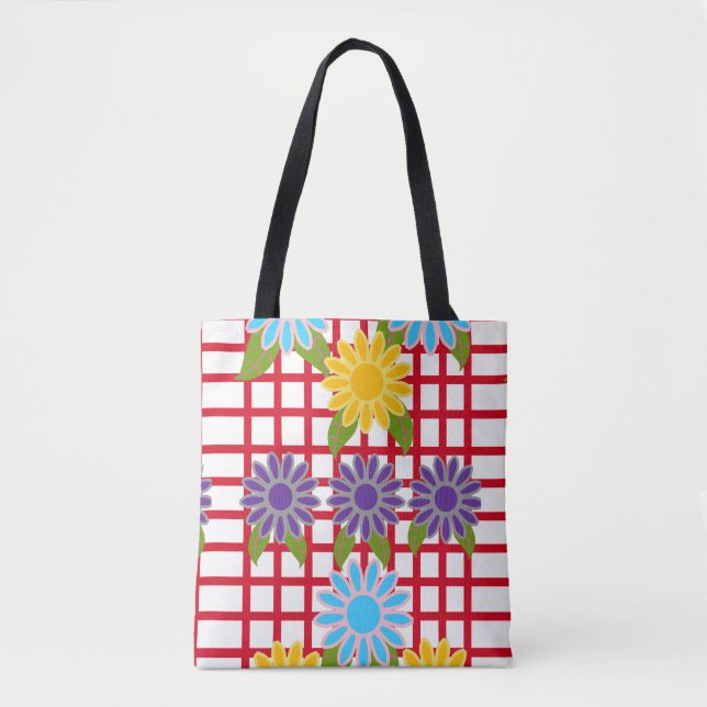 Farbenloses Blumendesign auf rotem Gitter Tasche (Vorderseite)