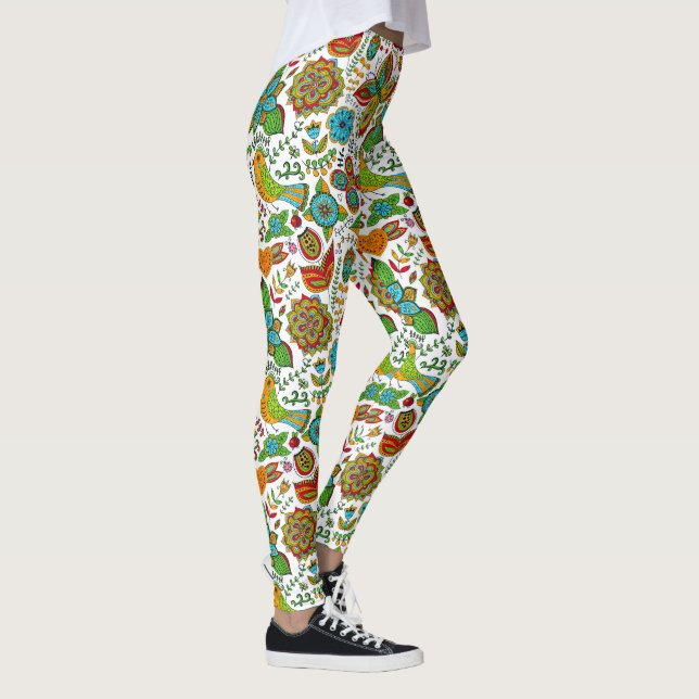 Farbenmuster von Vögeln und Blume Leggings (Rechts)