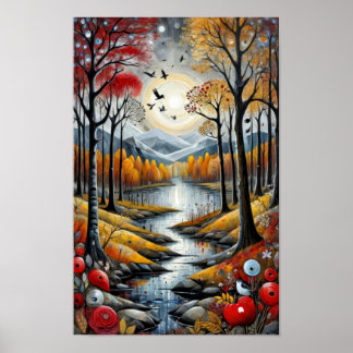Farbenreiche Landschaft mit friedlichem Fluss Poster