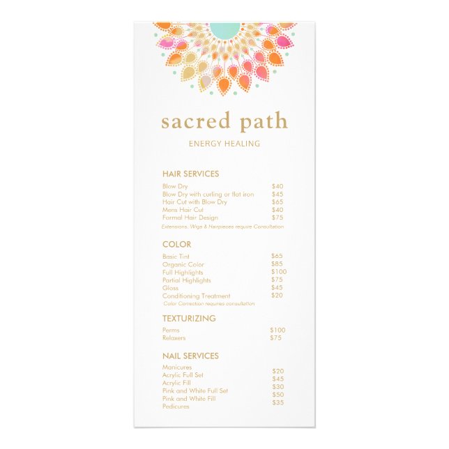 Farbenvolles Mandala Salon Service Menu Werbekarte (Vorne)