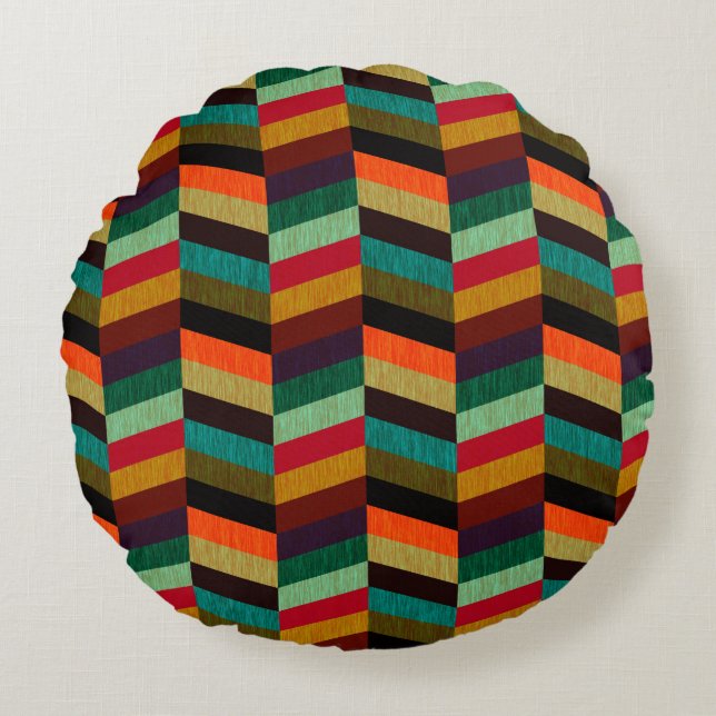 Farbenvolles, mehrfarbiges Herringbone-Muster Rundes Kissen (Vorderseite)