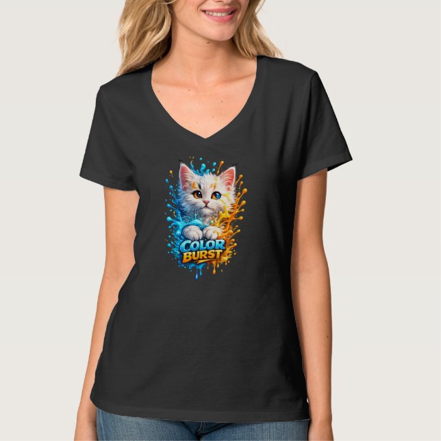 Farbexplosion Katze – Lebendiger Farbspritzer Dame T-Shirt (Vorderseite)