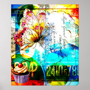 Farbexplosion Retro Schmetterling Collage Poster
