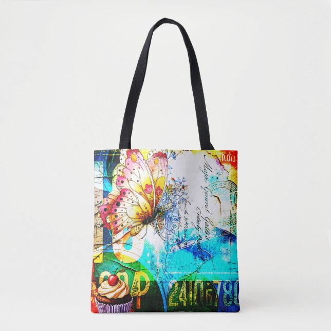 Farbexplosion Retro-Schmetterling-Collage Tasche (Vorderseite)