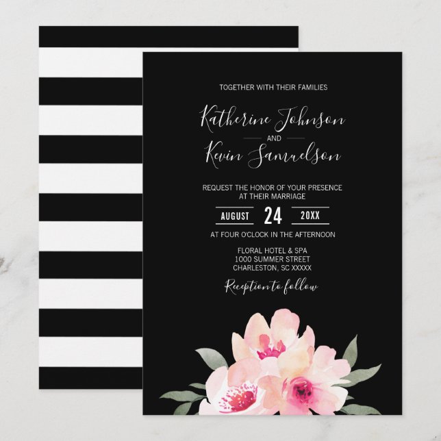 Farbfarbene Blush Pink Schwarze Blütenhochzeit Einladung (Vorne/Hinten)