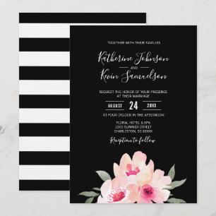 Farbfarbene Blush Pink Schwarze Blütenhochzeit Einladung