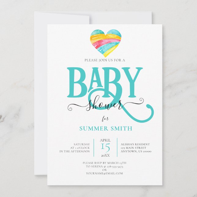 FARBFARBENER RAINBOW HERZGENDER NEUTRAL BABY SHOWE EINLADUNG (Vorderseite)
