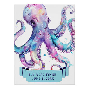 FARBFARBENES WASSERFARBENOCTOPUS MIT NAMEN Geburts Poster