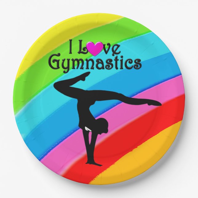 FARBFARBIGE RAINBOW I LIEBE GYMNASTICS PAPIERTELLE PAPPTELLER (Vorderseite)