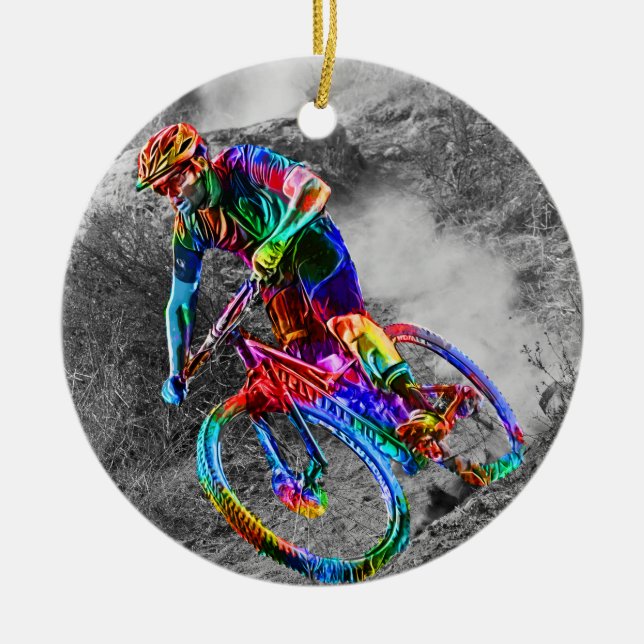Farbfilm-Mountainbiker, der hinunter eine Spur Keramikornament (Vorne)
