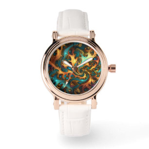 Farbflamme: Aquamarin, Gold, Orange Fraktal Dance Armbanduhr