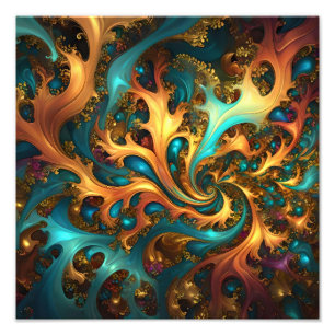 Farbflamme: Aquamarin, Gold, Orange Fraktal Dance Fotodruck
