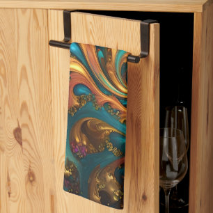 Farbflamme: Aquamarin, Gold, Orange Fraktal Dance Geschirrtuch