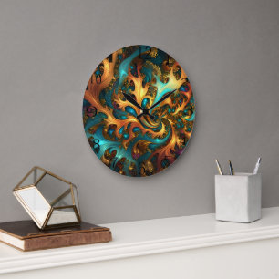Farbflamme: Aquamarin, Gold, Orange Fraktal Dance Große Wanduhr
