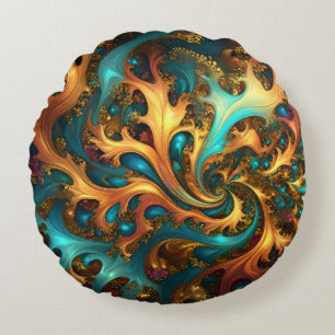 Farbflamme: Aquamarin, Gold, Orange Fraktal Dance Rundes Kissen
