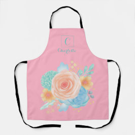 Farbflora-Monogramm, modern, rosa Aquamarin Schürze