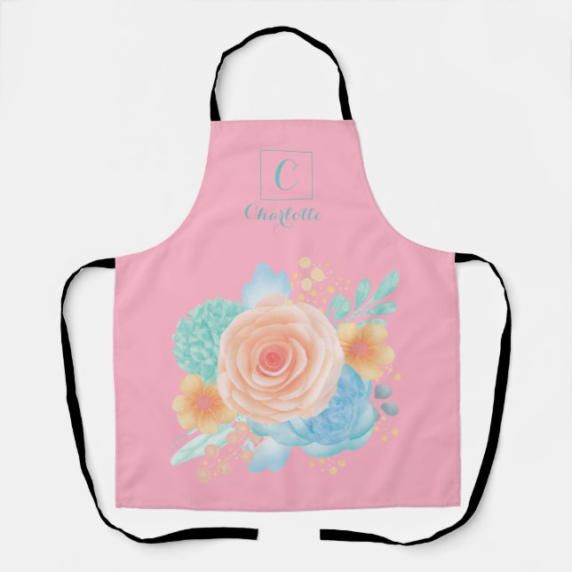 Farbflora-Monogramm, modern, rosa Aquamarin Schürze (Vorderseite)