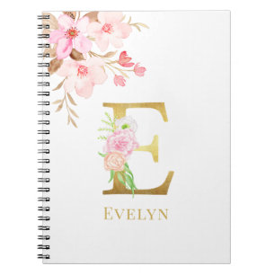 Farbflorale und goldene Buchstaben E Monogramm Notizblock
