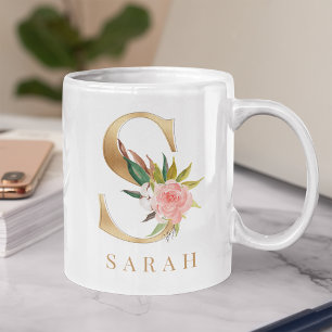 Farbflorale und goldene Buchstaben S Monogramm Kaffeetasse