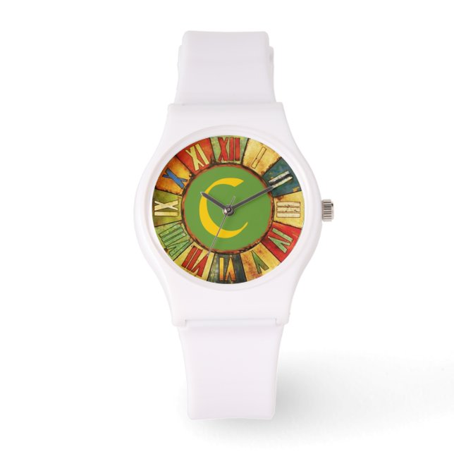 FARBFRISTIGE ZEIT GRÜNES GELBE MONOGRAMM ARMBANDUHR (Vorderseite)