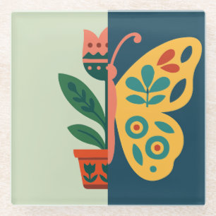 Farbfrohe Blumen- und Schmetterlings-Grafikdesign Glasuntersetzer