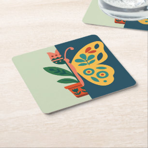 Farbfrohe Blumen- und Schmetterlings-Grafikdesign Rechteckiger Pappuntersetzer