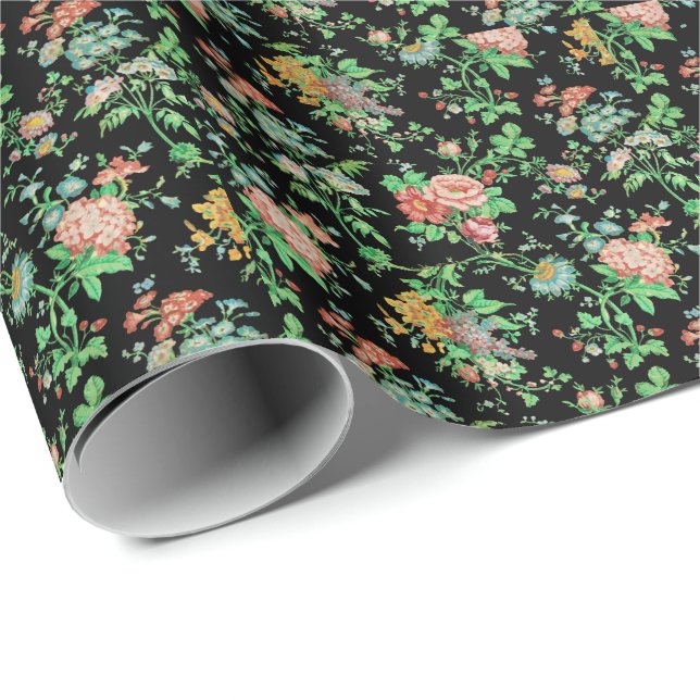 FARBHAFTE BLUME UND BLÄTTER DUNKELschwarz Geschenkpapier (Rolleneckpunkt)