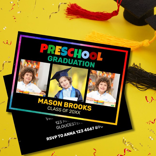 FARBHAFTE PRÄCHOOL-GRADUATFOTOKOLLAGE EINLADUNG (Bright preschool Graduation Invitation with a rainbow border and three photo slots. Personalize it)