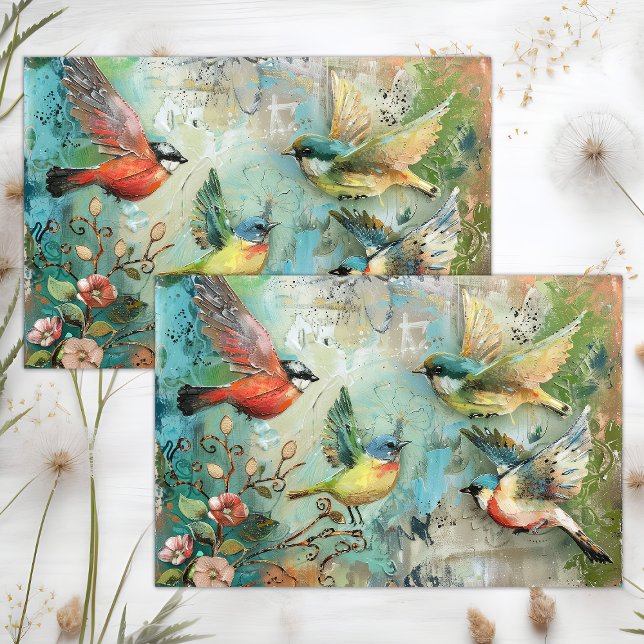 FARBHAFTE VÖGEL IN GARTENGEMISCHTEM MEDIENDEKOUPOR SEIDENPAPIER (COLORFUL BIRDS IN FLIGHT MIXED MEDIA DECOUPAGE TISSUE PAPER)
