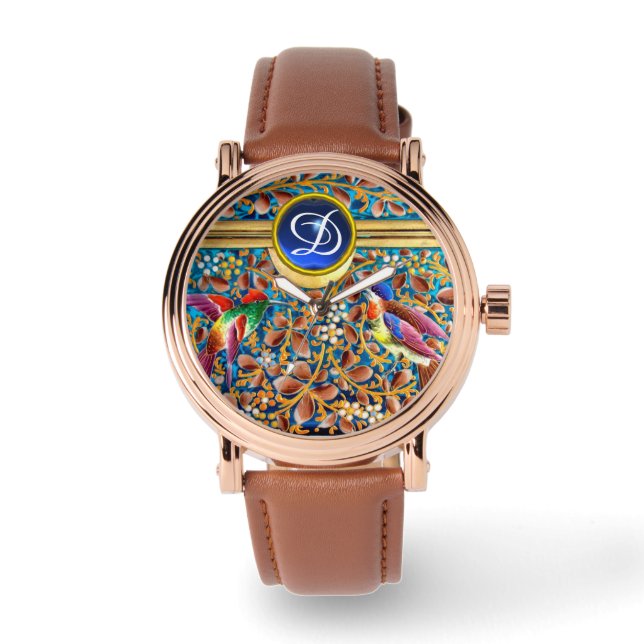 FARBHAFTE VÖGEL UND BLUE GEM MONOGRAM WIRBEL ARMBANDUHR (Vorderseite)