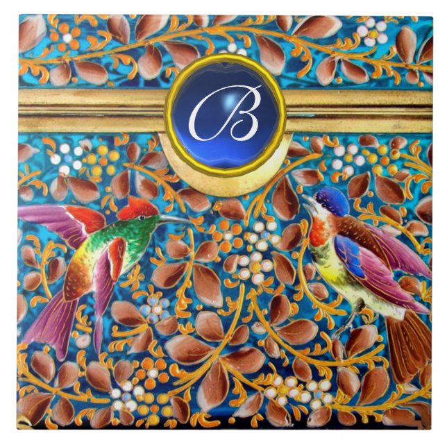FARBHAFTE VÖGEL UND BLUE GEM MONOGRAM WIRBEL FLIESE (Vorderseite)