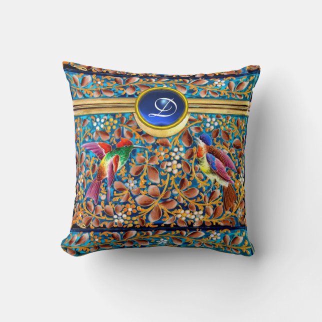 FARBHAFTE VÖGEL UND BLUE GEM MONOGRAM WIRBEL KISSEN (Vorderseite)